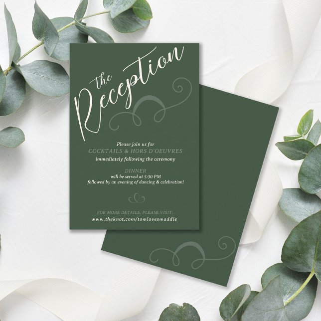Elegante, schlanke, dunkelgrüne Hochzeitsempfehlun Begleitkarte (Elegant modern slant script  dark moss green and ivory wedding reception enclosure insert card )