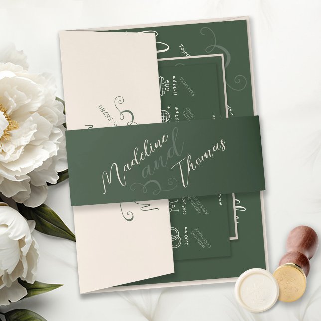 Elegante, schlanke, dunkelgrüne Monogramm-Hochzeit Einladungsbanderole (Elegant unique modern slant script dark moss green & ivory moody invitation suite, belly band)