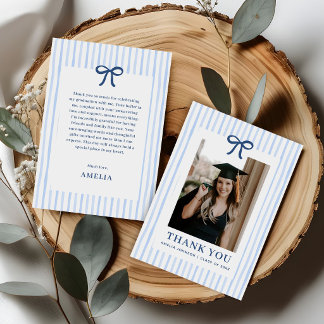 Elegante Schleife Blau Gestreifte Foto-Abschlussfe Dankeskarte