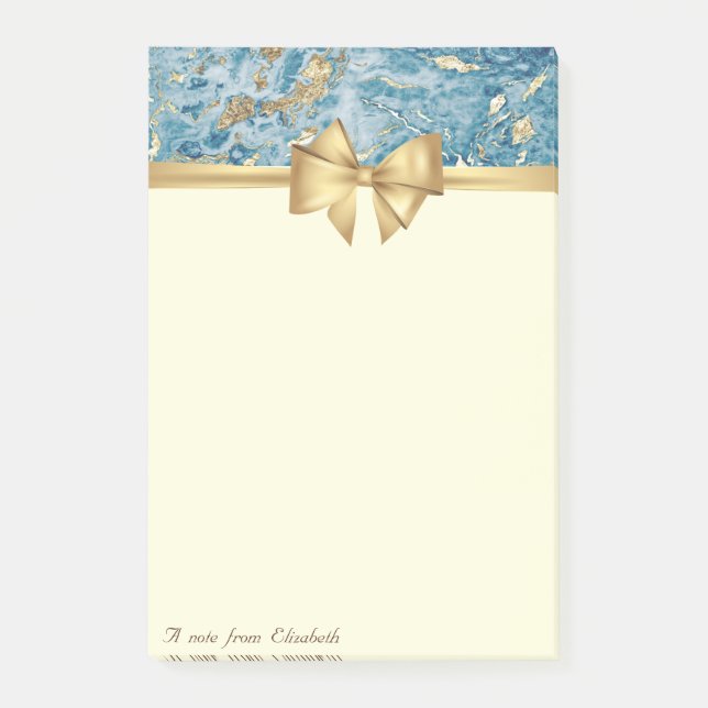Elegante Schleife, Gold Blau Marmor Textur Glitter Post-it Klebezettel (Vorderseite)