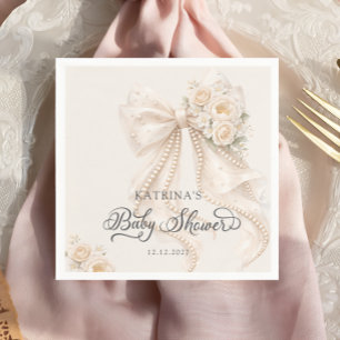 Elegante Schleife und Blumen Mädchen Baby Shower Serviette
