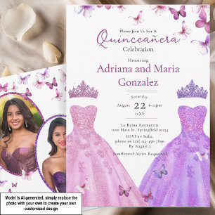 Elegante Schmetterlinge Kleid Zwilling Quinceanera Einladung