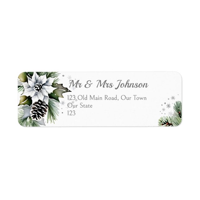 Elegante, schneebedeckte Kiefern, weiße Poinsettia (Vorne)