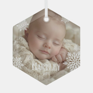 Elegante Schneeflocken Baby Foto Name Jahr Weihnac Ornament Aus Glas