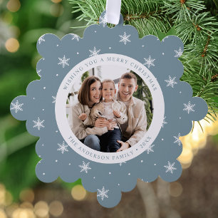 Elegante Schneeflocken Eisblau 2 Foto Weihnachten Ornament Karte