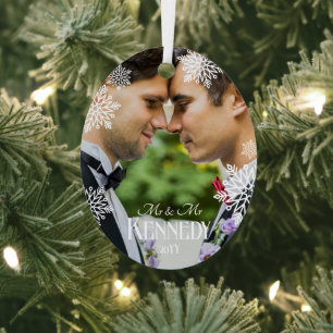 Elegante Schneeflocken Foto Mr & Mr 1. Weihnachten Ornament Aus Metall