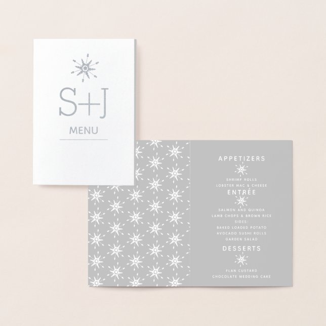Elegante Schneeflocken Hochzeitliches Wintermenü Folienkarte (Anzeige)