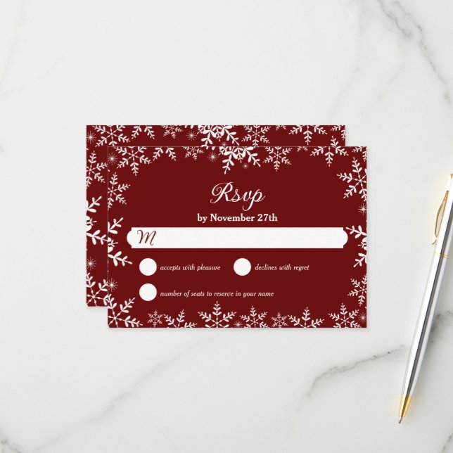 Elegante Schneeflocken Rote Weihnachtsfeier RSVP Karte (Vorderseite/Rückseite Beispiel)
