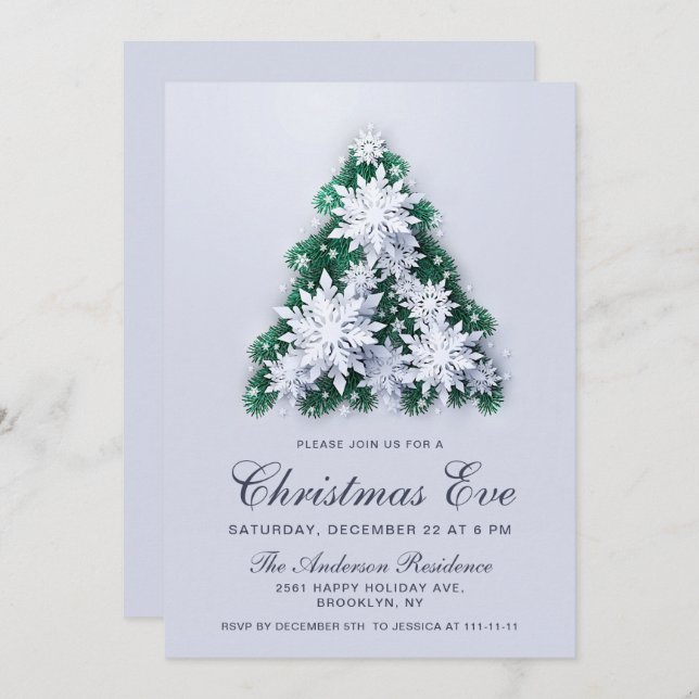 Elegante Schneeflocken Tree Holiday Christmas Eve Einladung (Vorne/Hinten)