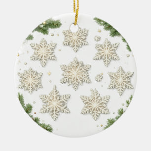Elegante Schneeflocken und Kiefernzweige Keramik Ornament