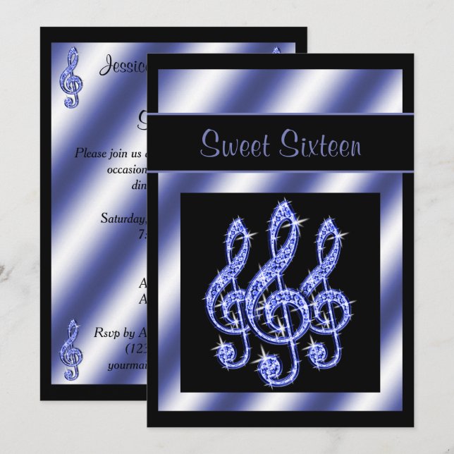Elegante, schöne blaue Treble Clefs Sweet 16 Einladung (Vorne/Hinten)