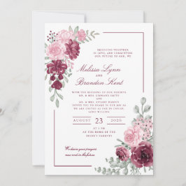 Elegante Schrift Burgunder Blumen Aquarell Hochzei Einladung