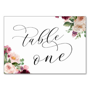 Elegante Schrift Burgunder Blumen Hochzeitsempfang Tischnummer