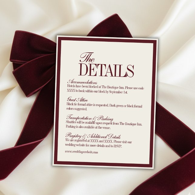Elegante Schrift Burgunderrote formelle Hochzeitsd Begleitkarte (Elegant Script Burgundy Red Formal Wedding Details Enclosure Card)