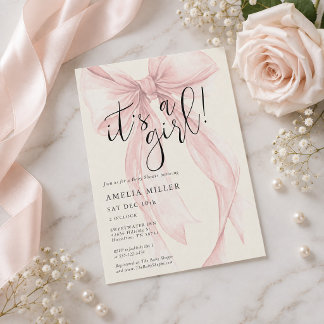 Elegante Schrift Coquette Rosa Schleife Baby Showe Einladung