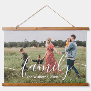 Elegante Schrift Familienfoto individuell Wandteppich Mit Holzrahmen