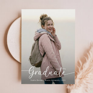 Elegante Schrift Foto Rosa Schleife Abschluss Dank Postkarte