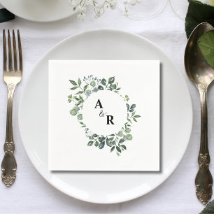 Elegante Schrift Grüne Pflanzen Monogramm Hochzeit Serviette