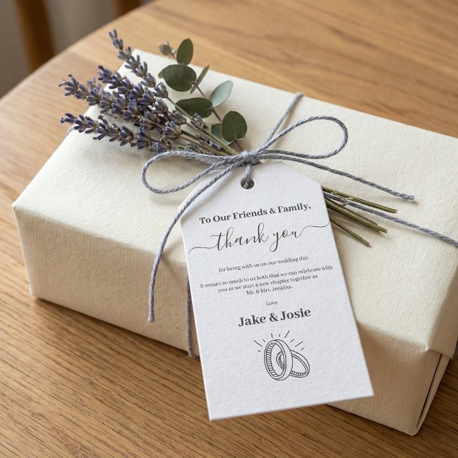 Elegante Schrift Hochzeit Danke mit Ringen Geschenkanhänger (Elegant Script Wedding Thank You with Rings Gift Tags)