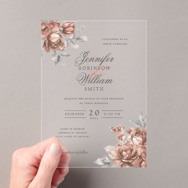 Elegante Schrift Hochzeit Roségold Rustikale Blume Acryleinladungen (Insitu (Handheld))