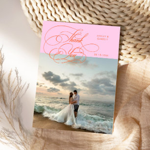 Elegante Schrift Hochzeitsfoto Orange Pink Dankeskarte