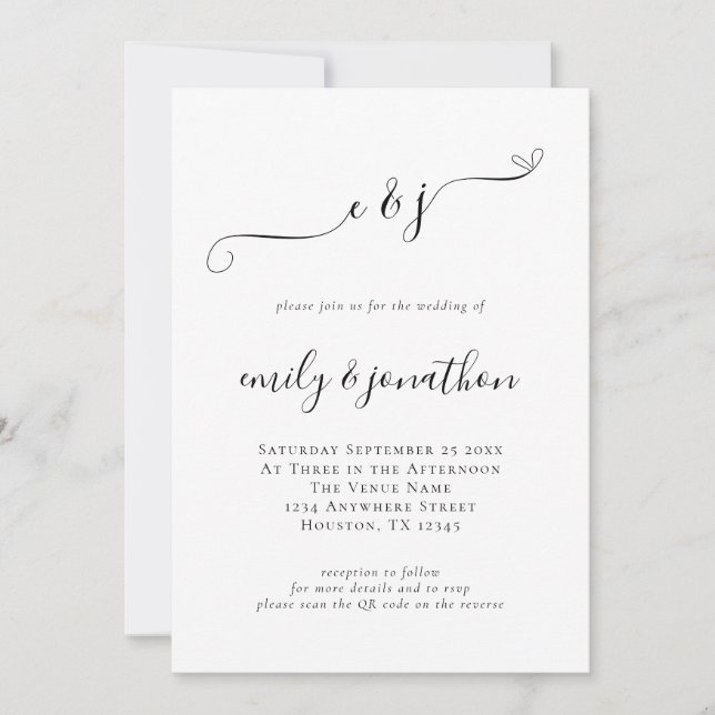 Elegante Schrift Initialen QR Code Hochzeit Einladung (Vorderseite)