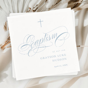 Elegante Schrift Kalligrafie Staubblau Jungen Tauf Serviette