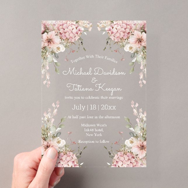 elegante Schrift rosa florale minimalistische Hoch Acryleinladungen (Insitu (Handheld))