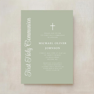 Elegante Schrift Sage Green Jungen Erstkommunion Einladung