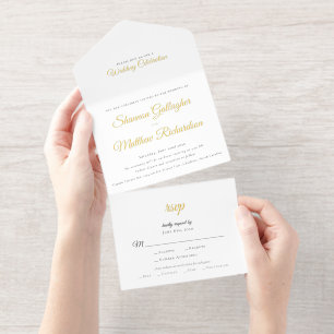 Elegante Schrift Schwarz Weiß Goldfolie Hochzeit All-in-One-Einladung
