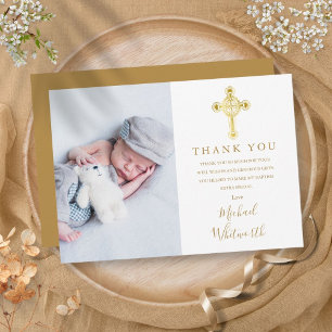 Elegante Schrift-Taufe Goldkreuz Foto Dankeskarte