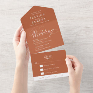Elegante Schrift Terrakotta-Rost Kalligrafie Hochz All In One Einladung