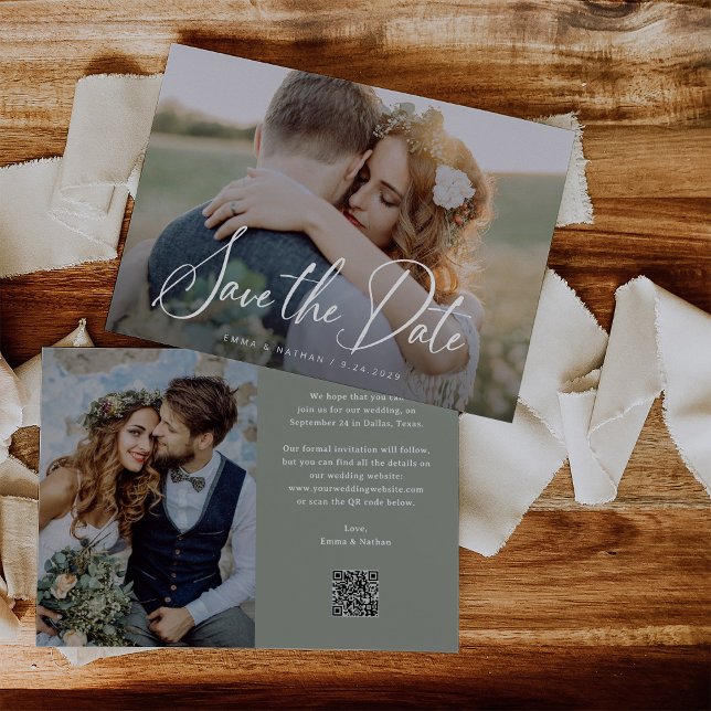 Elegante Schrift und Salbeigrün | Foto und QR-Code Save The Date (Von Creator hochgeladen)