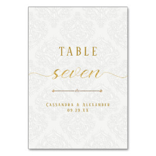 Elegante Schrift Weiße Spitze Gold 7 Sieben Hochze Tischnummer
