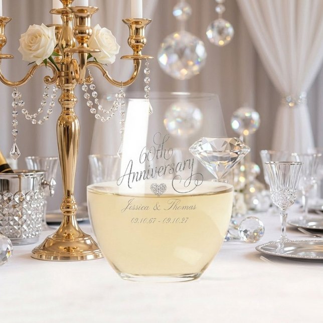 Elegante Schrift zum 60. diamantenen Hochzeitstag Weinglas Ohne Stiel (Von Creator hochgeladen)