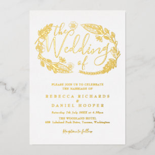 Elegante Schriftart Laub Hochzeit Goldfolie Einlad Folieneinladung