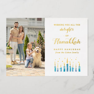 Elegante Schriftfamilien-Foto-Wasserfarbe Chanukka Folien Feiertagskarte
