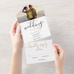Elegante Schriftmonogramm Gold Herz Foto Hochzeit  All In One Einladung