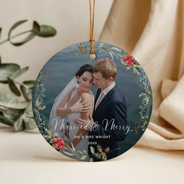 Elegante Schriftzug-Hochzeitsfoto-Ornament Keramik Ornament (Von Creator hochgeladen)