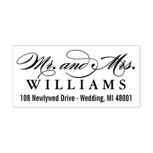 Elegante Schriftzug Mr und Mrs Hochzeit Rücksendea Gummistempel