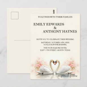 Elegante Schwan-Hochzeit mit romantischen Rosenblü Postkarte