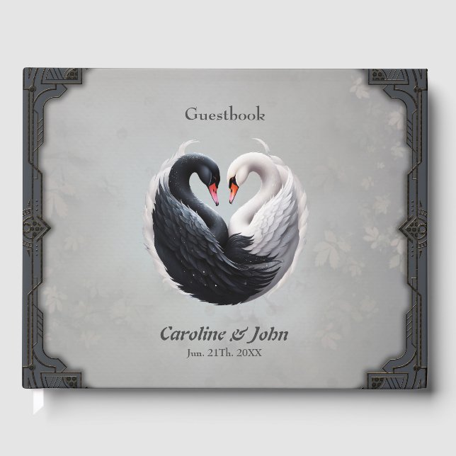 Elegante Schwäne, die gemeinsam ein Herz versprech Gästebuch (Vorderseite)