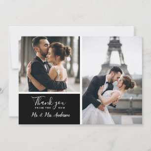Elegante Schwarz 2 Foto Collage Wedding Dankeskarte