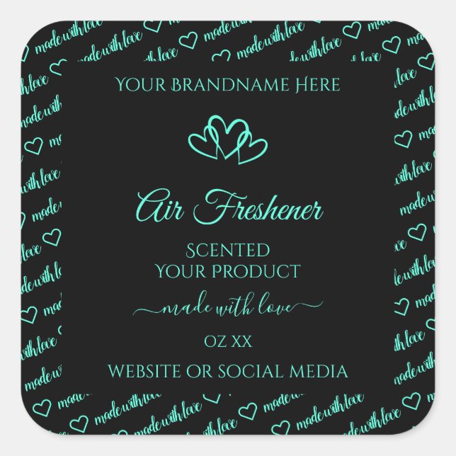 Elegante Schwarz-Aquamarin-Word-Produktbeschriftun Quadratischer Aufkleber (Vorderseite)