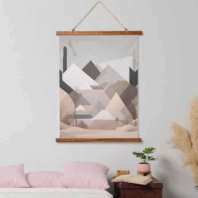 Elegante Schwarz Beige Abstrakte Landschaft Wandteppich Mit Holzrahmen (Schlafzimmer)