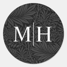 Elegante Schwarz Floral White Monogram Wedding Runder Aufkleber