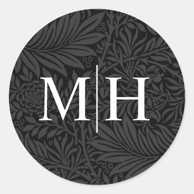 Elegante Schwarz Floral White Monogram Wedding Runder Aufkleber (Vorderseite)