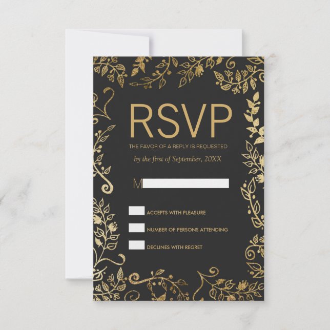 Elegante Schwarz-Gelb-Gold-Blüten-RSVP-Karten RSVP Karte (Vorderseite)
