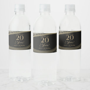 Elegante Schwarz-Gold-Achat-20.-Geburtstagsfeier Wasserflaschenetikett