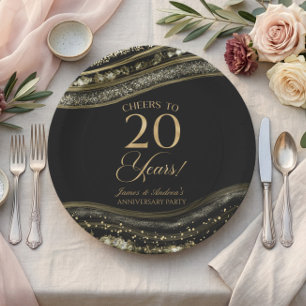 Elegante Schwarz-Gold-Achat-20-Jahres-Jubiläumsfei Pappteller